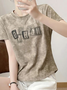 WANGGONGZHU | Tie Dye Short Sleeve T-Shirt Women Summer New Round Neck Letter Print Fashion Versatile Short Style Womens Top Princess Style