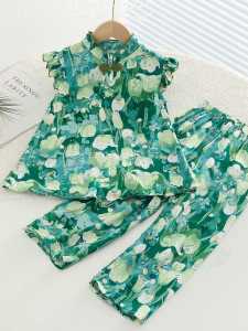 Chinese Style Cotton Silk Baby Girls Two-Piece Home Wear Thin Summer Floral Print Artificial Cotton Childrens Clothing Set