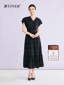 YINER | Elegant V-Neck Ruffled Sleeve Textured Silk Dress