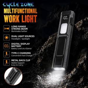 CYCLE ZONE | Portable Pocket LED Flashlight Type-C Rechargeable Digital Display Lightweight with Clip for Works Repairing Outdoor Activity