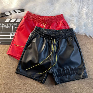 PU Leather Pants American Embroider Logo Solid Color Retro Casual Sports Shorts Short-Length Pants Trendy High Street Loose Drawstring