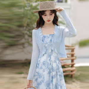 Xia New Chinese Style Watercolor Fading Super Fairyland Forest System High-End Blue Strapless Open Cardigan Two-Piece Set Dress