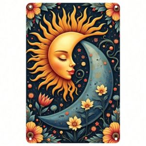 CIFbuy | CIFbuy Celestial Sun Moon Aluminum Wall Art 8x12 Inch Waterproof Metal Sign Vintage Floral Tin Plaque for Indoor Outdoor Home De