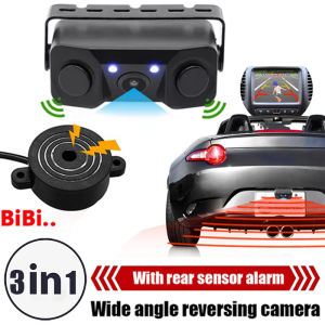3-in-1 Car Rear View Backup Camera with Reversing Sensor Parking Alarm & Night Vision -Parktronic System for SUVs Trucks RVs