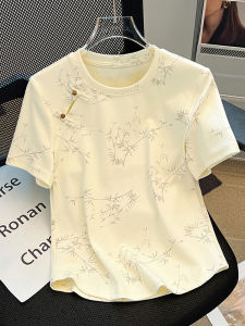 Summer Chinese Style Short Sleeve T-Shirt for Women with Button Up Work Clothing Loose Fit Bamboo Print Slimming Top