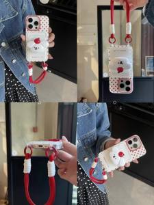 3D Cartoon White Dog Telescopic Stand Card Pocket Phone Case for iPhone 11, 12, 13, 14, 15, 16 Pro Max Plus Casing with Hanging Rope TPU Red Polka Dot Protective Cover