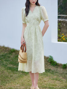 WANGGONGZHU | New Chinese Style Satin Dress Women Summer 2025 V-neck Bubble Sleeve Midi A-line Skirt Commute Korean Style Gathered Waist