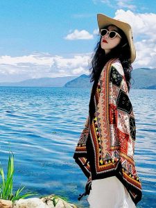 Travel Beach Holiday Womens Ethnic Style Sunscreen Silk Scarf Shawl Headscarf Long Rectangle Cotton Material Tassel Detail