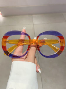 New Style Color Block Large round Frame Dopaamine Blue Light Blocking Glasses High Aesthetic Unadorned Slimming Flat Top Glasses