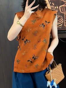 QINGNAER | New Chinese Style Butterfly Print Mandarin Collar Sleeveless Top