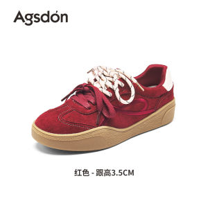 Red Embroidered Thick Bottom Sports Casual Shoes for Women Agsdon August Lion Vintage Style round Toe Soft Comfortable Rubber Sole