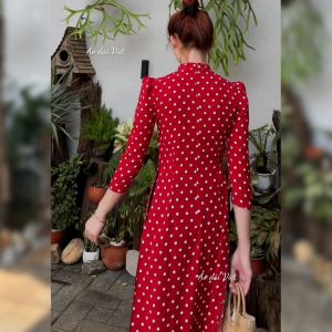Áo dài cô ba đỏ chấm bi trắng truyền thống tay phồng cổ 2cm lụa hàn cao cấp may sẵn