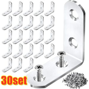 【Free Gift】30Set L Bracket Corner Brace Corner Brackets Joint Bracket Fastener Thicken Stainless Steel Metal Corner Bracket Small Right Angle Bracket for Wood Furniture Chair Drawer Cabinet with Screws Stainless Steel Corner Brackets Fixing Frame