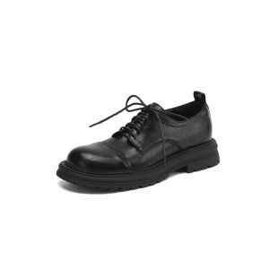 Euchetti Womens Leather Deep Mouth Slip-On Shoes round Toe Thick Heel Buckle Fashionable Spring Vintage High Heels Single Shoes