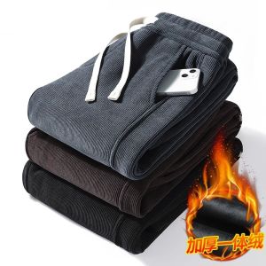 Quần Dài Thường Ngày Bằng Vải Nhung Kẻ Lót Lông Cừu Cạp Cao Cho Nữ Mùa Thu Đông Quần Dài Ống Rộng Thoải Mái