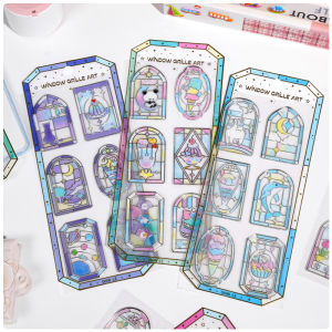 1sheet 6style 3D Relief Japanese Kawaii Stained Glass Windows Dessert Series DIY Cute Aesthetic Stickers for Scrapbooking