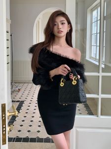 ชุดเดรสเกาะอกสั้นคอตั้งแขนยาวผู้หญิง ชุดเดรสฤดูใบไม้ร่วงสีดำ เซ็กซี่ เอวสูง กระโปรงสั้นรัดรูป คอตั้ง ปกขนสัตว์ แขนยาว