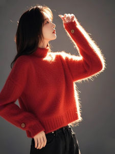 Red Christmas New Year Half High Neck Cashmere Sweater Womens Winter Unique Beautiful Knitted Top round Neck Long Sleeve