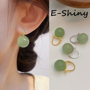 1 Pair Light Green Bead Ear Clasps for Women Round Hetian Jade Beads Eardrop Earrings