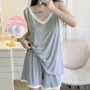 Summer Sleeveless Vest Set with Chest Pad Thin Home Clothes for Women Simple Style Anti-Embarrassment Design Short Pants