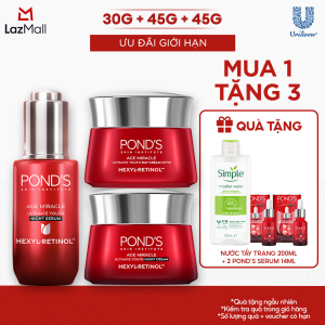Combo Serum đêm và 2 Kem dưỡng ngày & đêm Ponds Age Miracle mờ đốm nâu nếp nhăn với 50X Hexyl-Retinol 30G+45G+45G