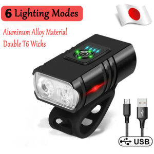 Bicycle Light Rechargeable 6 Lighting Modes Waterproof for MTB Bike Japan Original USB Super Bright Flash Light Upgrade Double T6 Wick Power Display MTB Bike Headlights for Night Cycling motorcycle Road Mountain Camping
