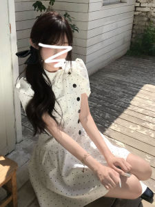HUAYILING | Miu-Style A-Line Waist Cinching White Polka Dot Dress