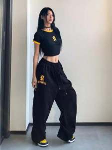 Black American Spicy Girl Loose Wide Leg Sport Pants Womens Autumn Jazz Dance Trousers Straight Cut Two-Way Casual Pants
