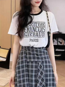 Shalldoer | Casual Round Neck Knitted T-Shirt Short Sleeve Letter Print Womens Summer Color Block Versatile Top Loose Fit Artistic Style