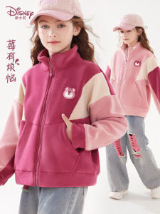 Girls Thickened Fleece Baseball Jacket Strawberry Bear Pattern Autumn Winter Outerwear Childrens Clothing Casual Polyester Fabric