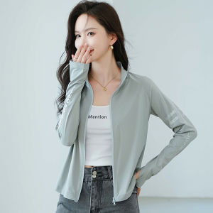 Womens Summer Short Lightweight Fashionable All-Match Sun Protection Coat Stand Collar Zipper Closure Long Sleeve Shirt