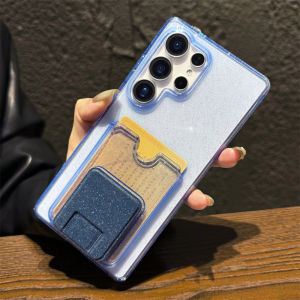 Slot Card Holder Folding Stand Phone Case For Samsung S25 S26 Ultra S24 S23 Plus Glitter Transparent Shockproof Protection Cover