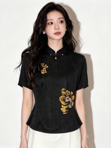 SHUAIYUE | Áo Thun Slim Fit Đa Năng Kiểu Trung Quốc Thêu Hoa