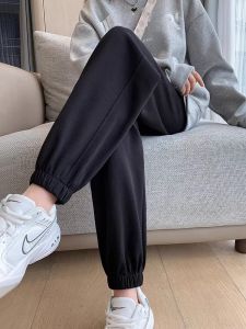 Plus Size Ladies Oversized Track Pants Fall and Winter Small Easiest for Match Loose Show Thin Black Casual Sweatpants Padded Fleece Trousers