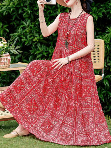Elegant Young Style Sleeveless Cotton Silk Dress Womens Summer Beach Vacation plus Size mid Age Sanya Beach Skirt Dress