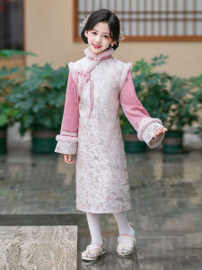 Thickened Fleece Winter Cheongsam Dress for Little Girls Traditional Chinese Style New Year Visiting Clothes Floral Polyester Fabric