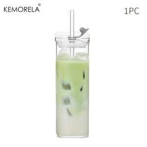 1/2PCS Modern Square Tumbler Glasses Clear Highball & Old Fashioned Cocktail Glasses with Straws for Iced Coffee Juice Beer Milk