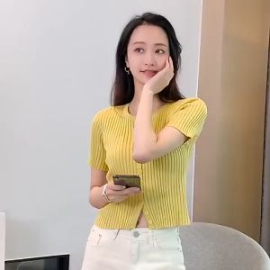 New Style Women's Top: 2025 Short Sleeved Slim Button & Korean Casual Knit Crop Tops