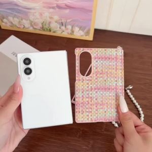 Z Fold8 Wide Luxury Woven Pattern Case for Samsung Galaxy Z Fold 8 Hinge Protect Women Girls Pearl Lanyard Wrist Strap Cover