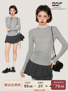 Áo Len Dệt Kim Dài Tay Màu Xám Ren Cổ Cao Ôm Vừa Vặn Áo Sơ Mi Lót Bên Trong Đầu Mùa Thu Đông Áo Len Nữ Cổ Tròn Thường Ngày