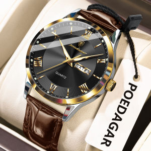 POEDAGAR Original Luxury Wristwatch For Men Waterproof Luminous Date Week Leather Man Watch Simple Business Quartz Mens Watches