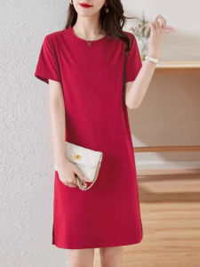 Loose Fit Korean Style Cotton Summer Dress Womens Casual Mid-Length Short Sleeve round Neck Print Dress A-Line Silhouette