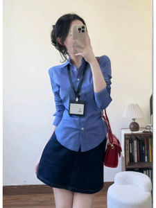 YUEZHONGWEI | ชุดกระโปรงสั้นแขนยาวสีฟ้า ชุดทำงานฤดูใบไม้ร่วง 2025 สำหรับผู้หญิง เสื้อเชิ้ตและกระโปรงสั้น ชุดสองชิ้น แฟชั่นสตรี