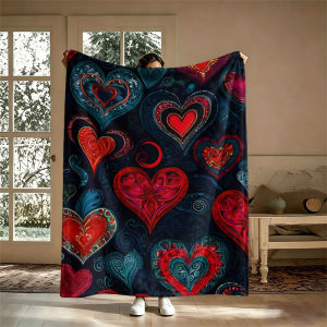 BILIBILI | Ornate Hearts Dark Blue Red Flannel Blanket Perfect for Sofa Office Bed Travel Sleep Read Relax Camping Four Season Use