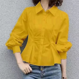 เสื้อเชิ้ตแขนยาวสีขาวทรงเข้ารูปสไตล์เกาหลีฤดูใบไม้ร่วง ทรงเข้ารูปไม่สมมาตร เสื้อเชิ้ตแฟชั่นสุดเก๋