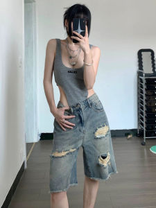 Y2K American Retro High Street Hip Hop Loose Straight Cut Shorts Womens Five-Point Pants Style Mid-Calf Shorts with Hole