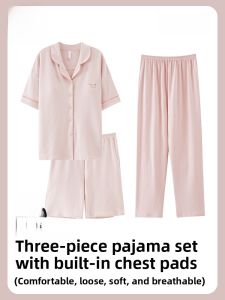 Miiow | Pure Cotton Sleepwear Set Womens Summer Short Sleeve With Chest Pad Shorts Pants Three-piece Large Size Home Clothes Set
