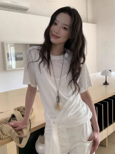 Áo Thun Nữ Tay Ngắn Mỏng Không Đối Xứng Hai Mảnh Mùa Hè Thiết Kế Eo Thon Gọn Thắt Lưng Cotton Pha Trộn Thường Ngày Không Có Thương Hiệu