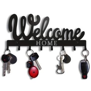1pc Black Metal Keys Holder Key Holder for Wall Wall Mounted WELCOME Design Style Key Rack for Key Hanger With 8 Hooks