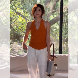 chaqi | Black Neck Hanging Strap Vest Womens Inner Wear Summer Knitted Sleeveless Base Outerwear V-neck Top New 2025 Commute Style Slim Fit Pure Color